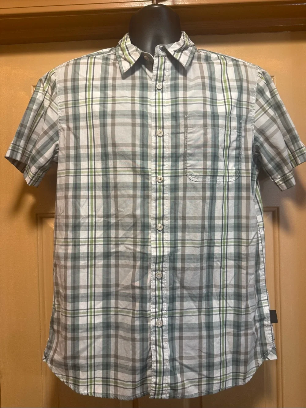 The North Face Men's Short Sleeve Plaid Button-Down Shirt  White & Green Sz M